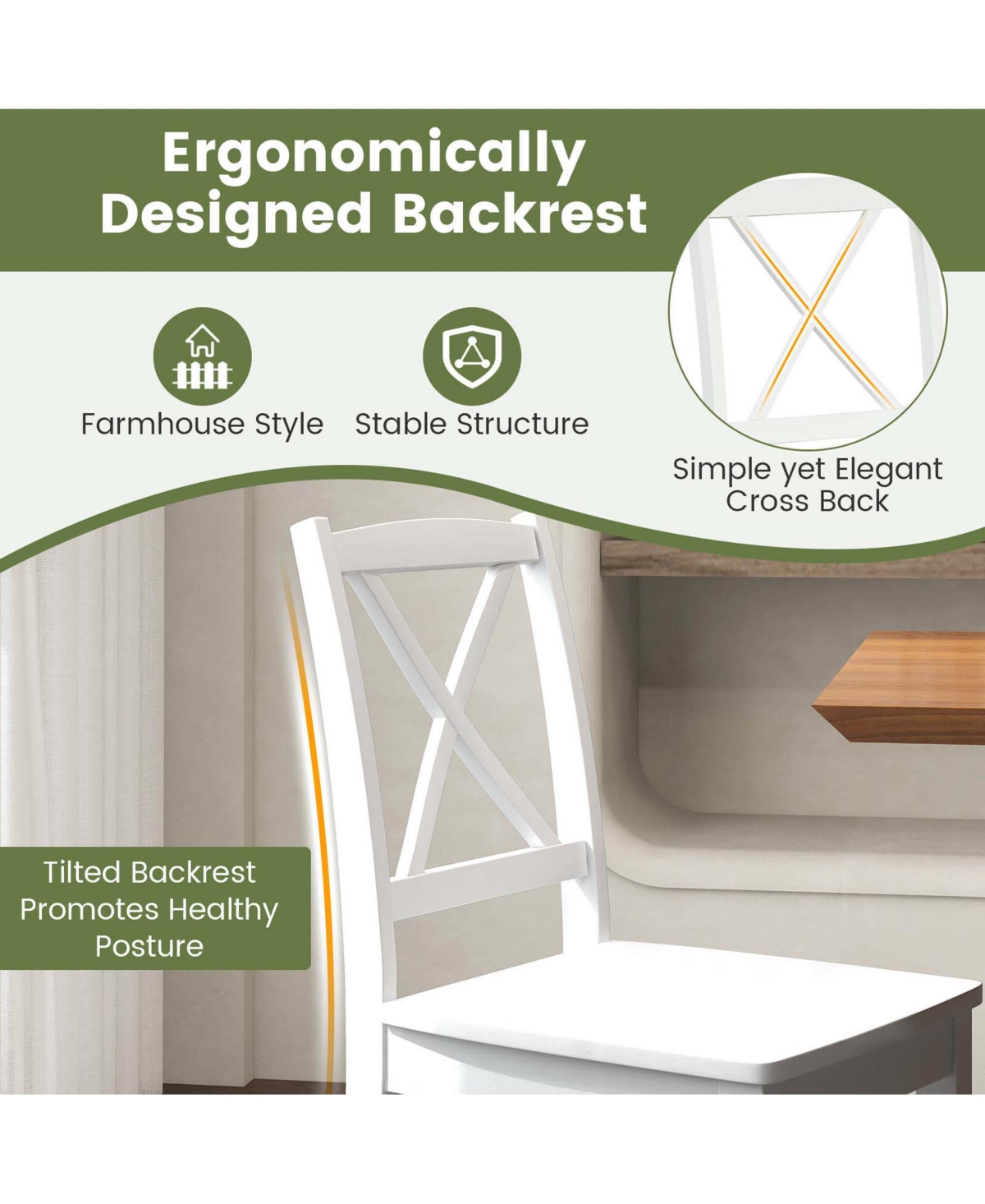 Costway Dining Chair Set of 2 Kitchen Side Chairs with Rubber Wood Legs & Cross Back