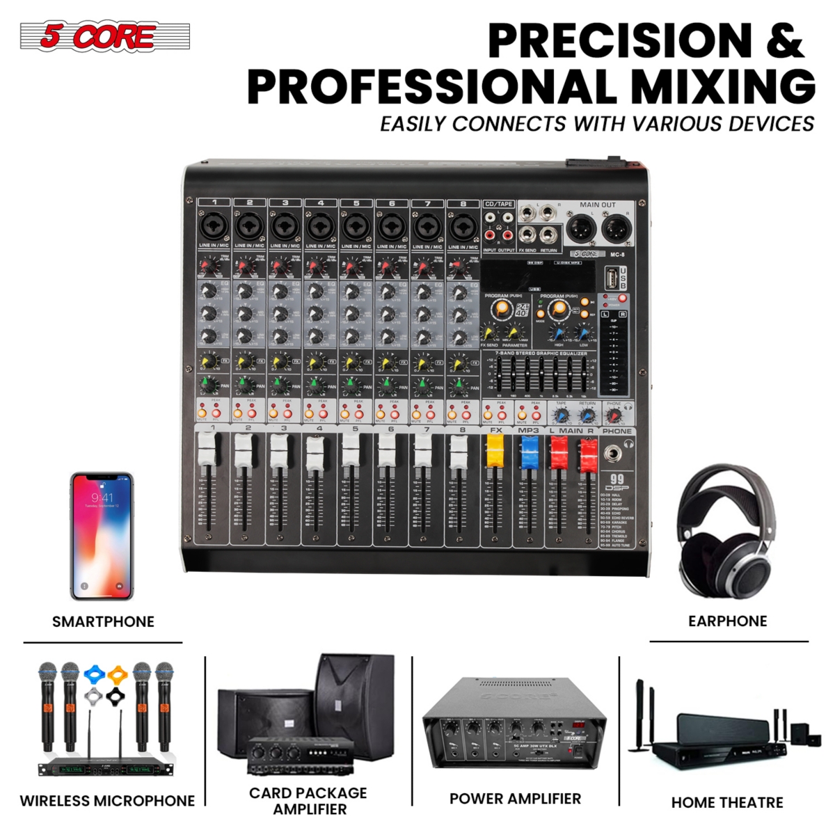 5 Core Audio Mixer 8 Channel Dj Controller Professional Sound Board Bluetooth Usb 48V Mx 8CH L