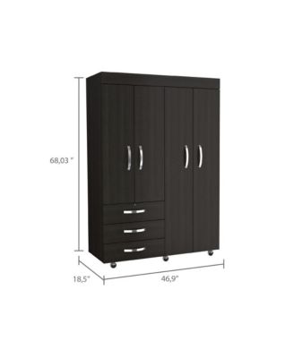 Hamilton Mobile Armoire, Double Door Cabinet, Three Drawers, Rods, Two Shelves, Black