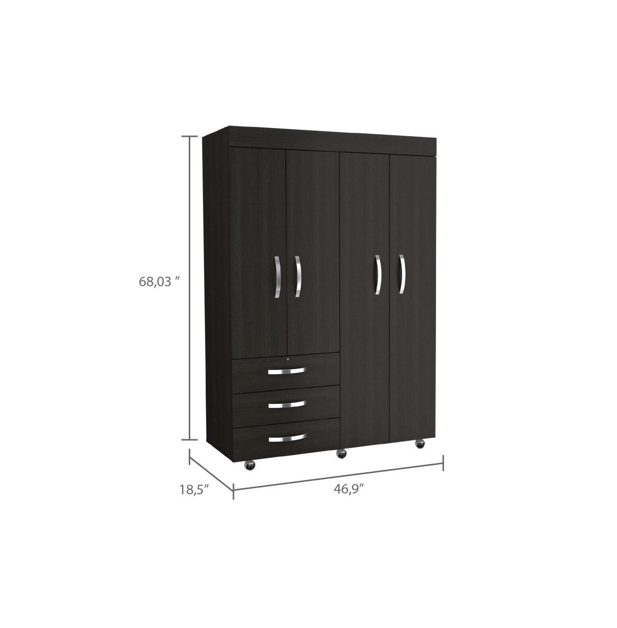 Depot E-Shop Hamilton Mobile Armoire, Double Door Cabinet, Three Drawers, Rods, Two Shelves,- Black