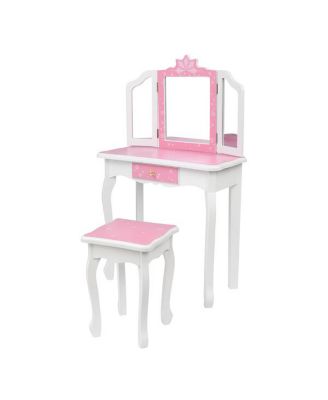 Children's Wooden Dressing Table with Three-Sided Folding Mirror, Chair, and Single Drawer in Blue Snowflake Style