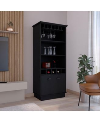 Elon 70"H Bar Cabinet with Wine Rack, Upper Glass Cabinet, three Open Storage Shelves and One