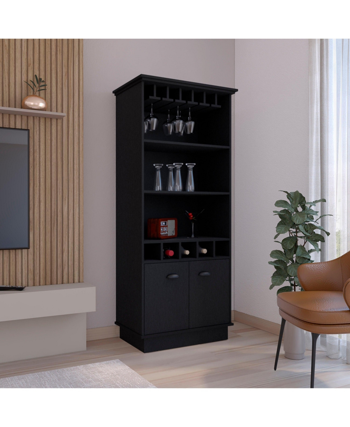 Elon 70"H Bar Cabinet with Wine Rack, Upper Glass Cabinet, three Open Storage Shelves and One Cabinet,Black