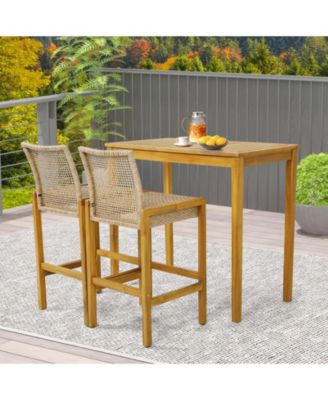 Set of 2 Rattan Patio Wood Barstools Dining Chairs with Backrest