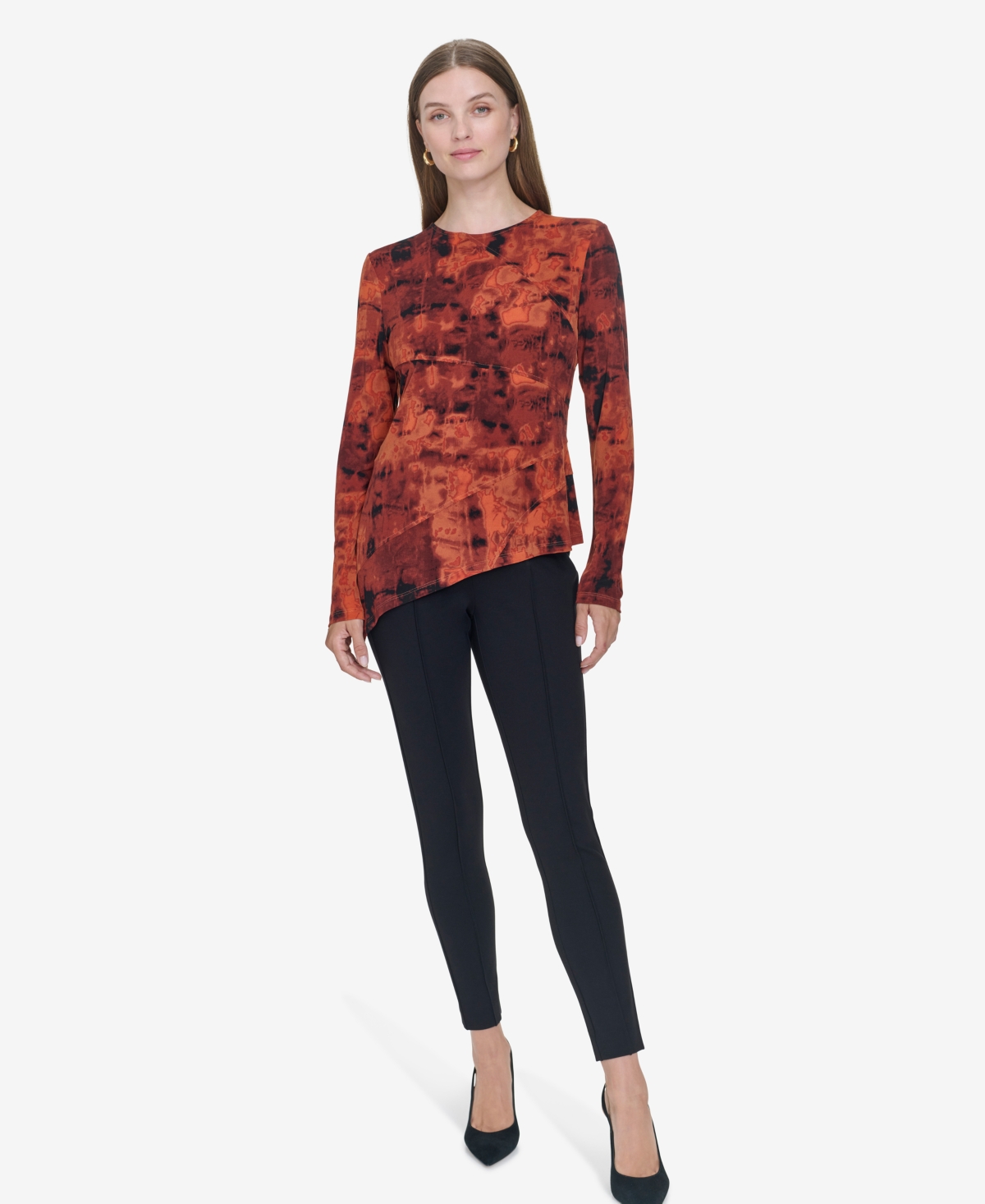 Halston Women's Printed Asymmetric-Hem Long-Sleeve Blouse