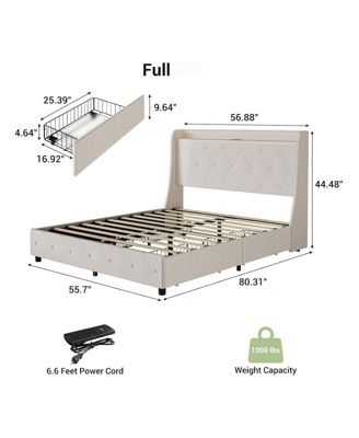 Upholstered Bed Frame with Headboard and 4 Storage Drawers - Platform Bed with Charging Station & Wingback Design, No Box Spring Needed, Noise-Free, Easy Assembly