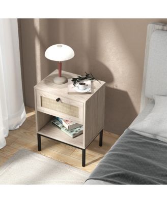 2PCS Rattan Nightstand Boho End Table w/ Drawer & Open Shelf for Living Room Oak