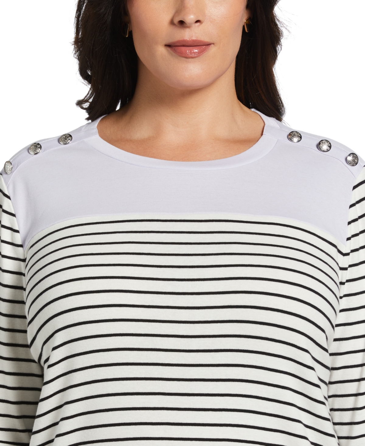 Rafaella Plus Size Color Block Stripe Button Detail Long Sleeve Top