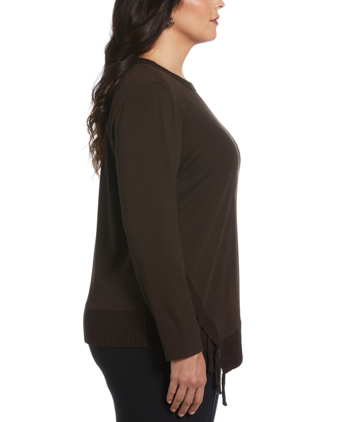 Rafaella Plus Size Ribbed Asymmetrical Fringe Hem Long Sleeve Top