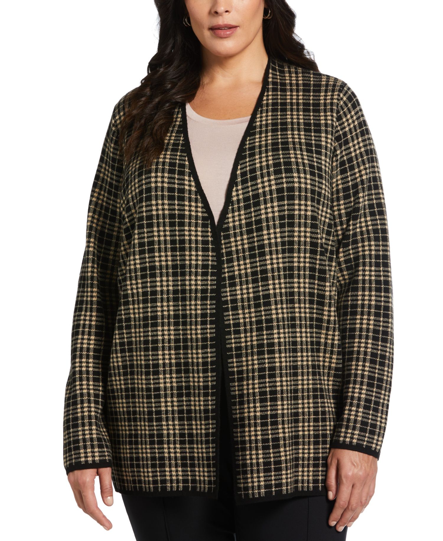Plus Size Plaid Jacquard Flyaway Cardigan Sweater