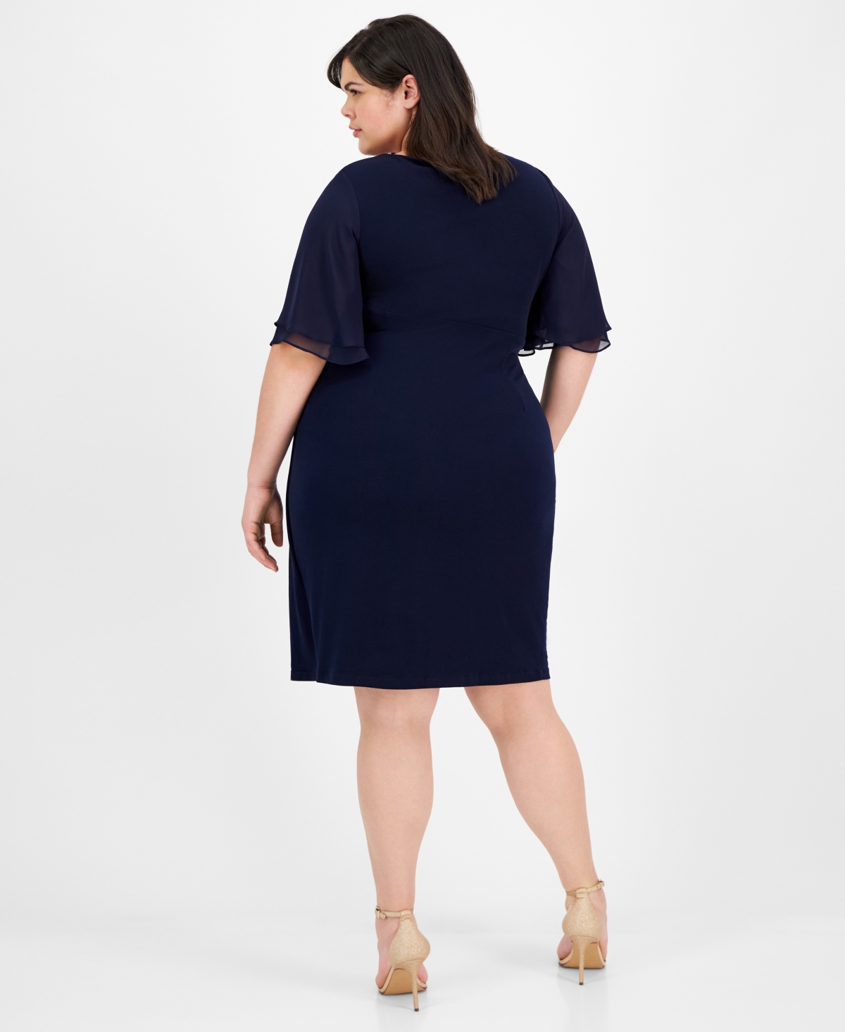 Connected Plus Size Draped Flutter-sleeve Sheath Dress In Navy