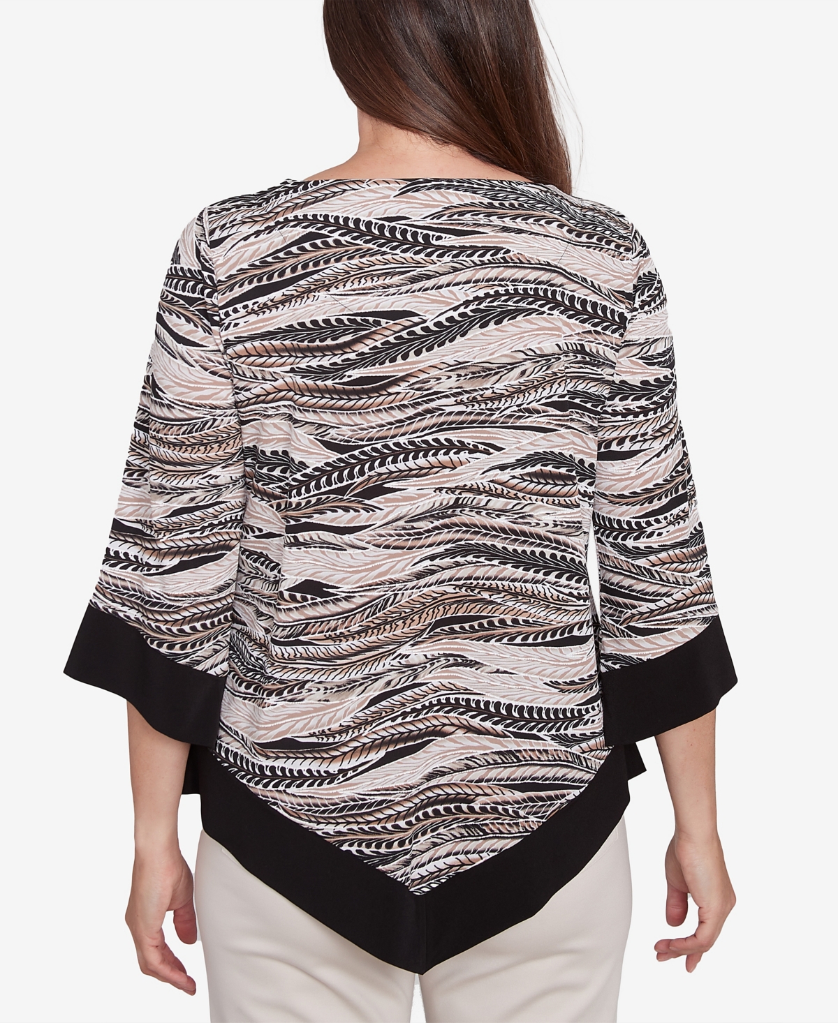 Alfred Dunner Women's Romancing The Stone Abstract Feather Solid Trim Top with Necklace
