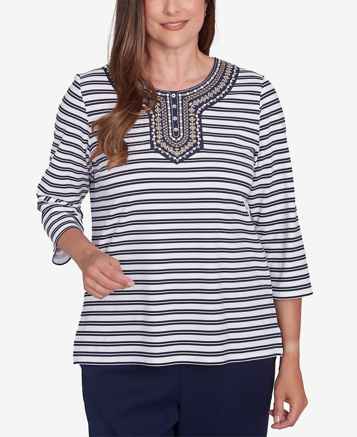 Alfred Dunner Plus Size Block Island Striped Top With Embroidered Neckline In Navy Multi