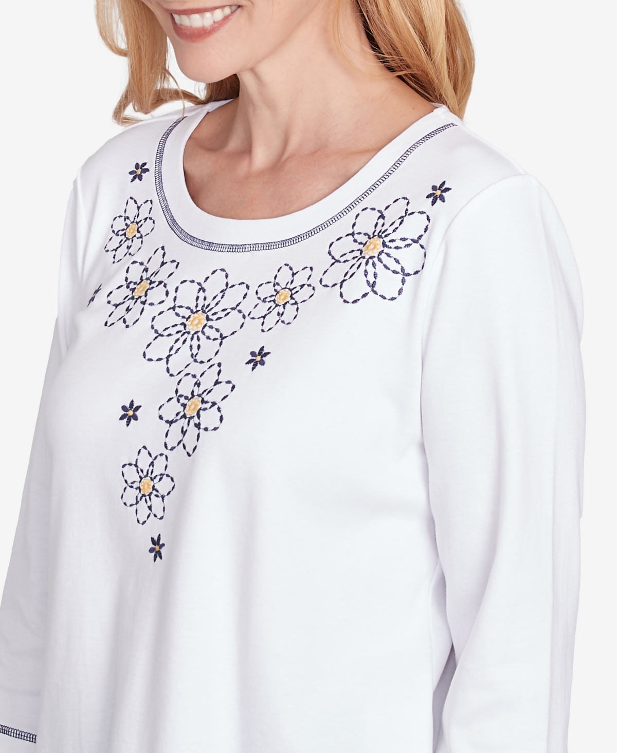 Alfred Dunner Women's Block Island Floral Embroidered Neckline Three Quarter Sleeve Top