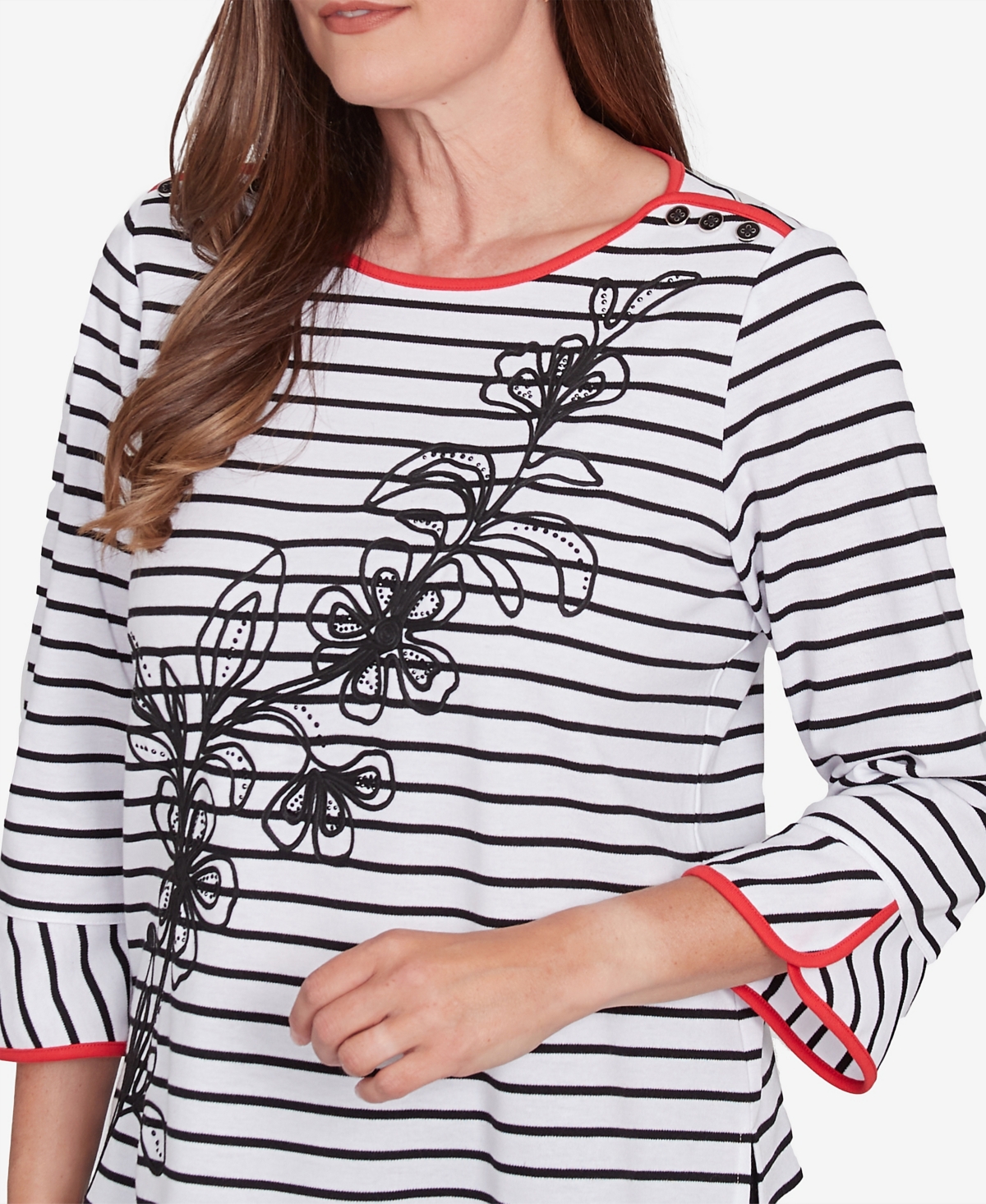 Alfred Dunner Women's Wild at Heart Striped Floral Flared Sleeve Top -White