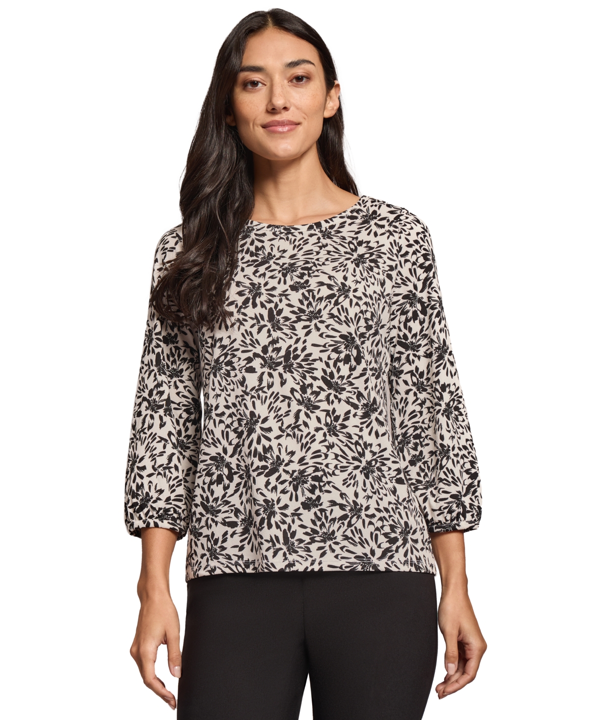 Jones New York Women's Floral-Print 3/4-Sleeve Top -Jones Black
