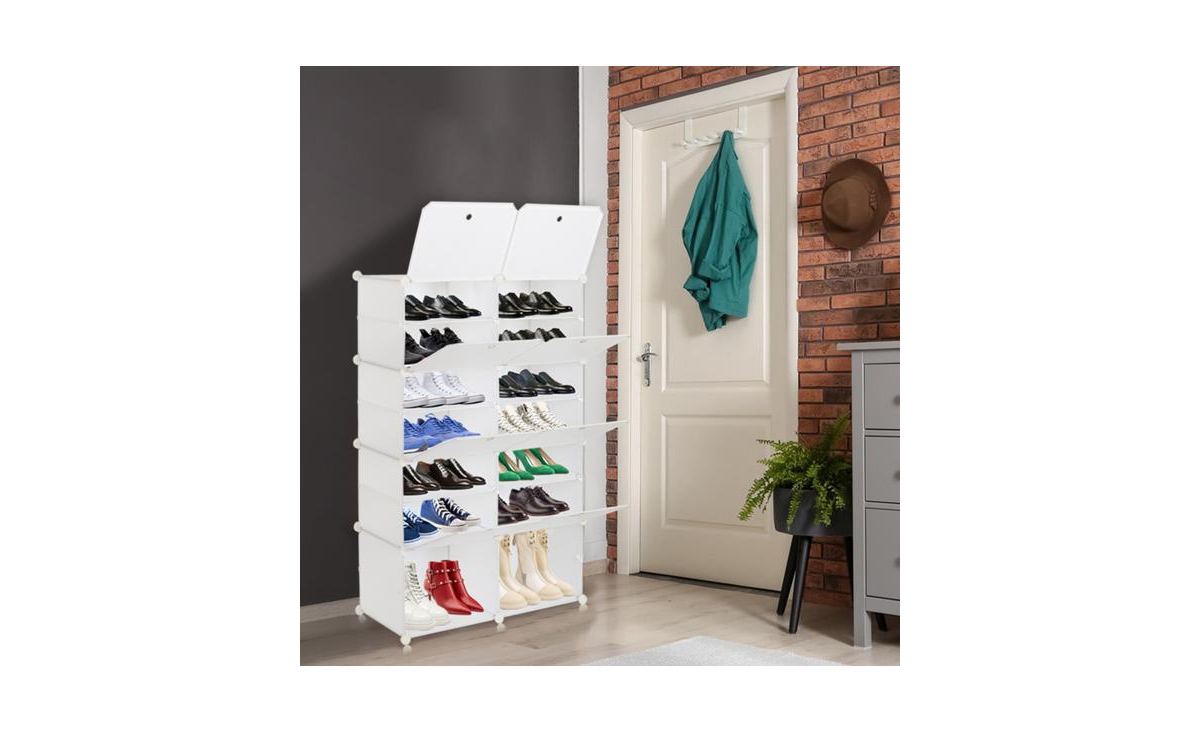 Slickblue 7-Tier Portable Shoe Rack Organizer with 28 Pairs Capacity, Expandable 14-Grid Storage Tower for Heels, Boots, and Slippers