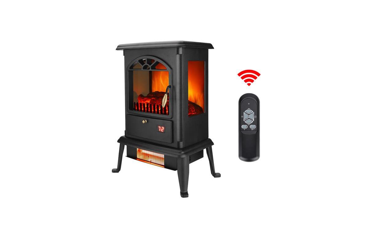 Slickblue 1500W Freestanding Electric Fireplace, 3D Flame with Remote Control, Glass Doors, 3 Quartz Tubes,- Black
