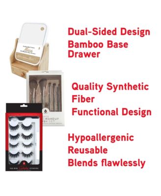 Glamour Essentials Bundle: Studio Makeup Brush Set, False Eyelashes Extensions (3 pairs per pack) and Dual-Sided Vanity Mirror