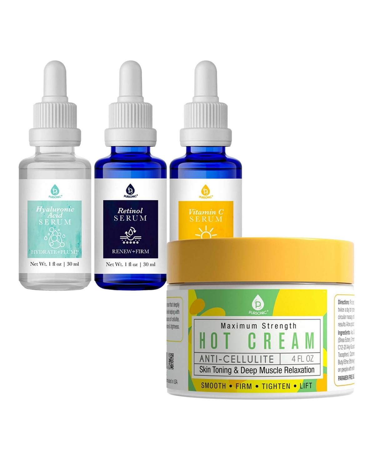 Pursonic Ultimate Skin Care Duo: Anti Cellulite & Muscle Relaxation Hot Cream + Anti-Aging Serum Set