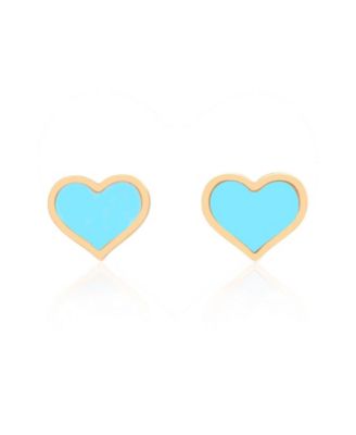 Large Turquoise Heart Stud Earrings 14K Gold