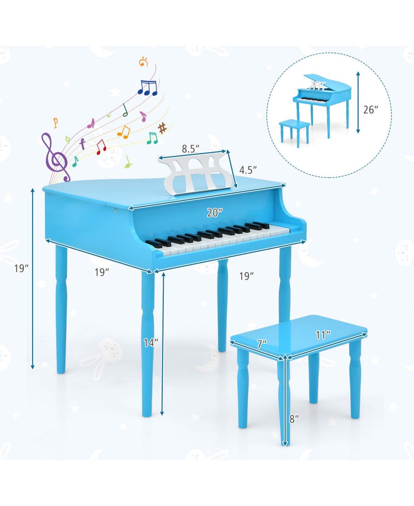 Детские игрушки HONGGE 30-Key Wooden Grand Piano with Bench and Music Rack, 3-Piece Set, Ages 3+ — фото 7