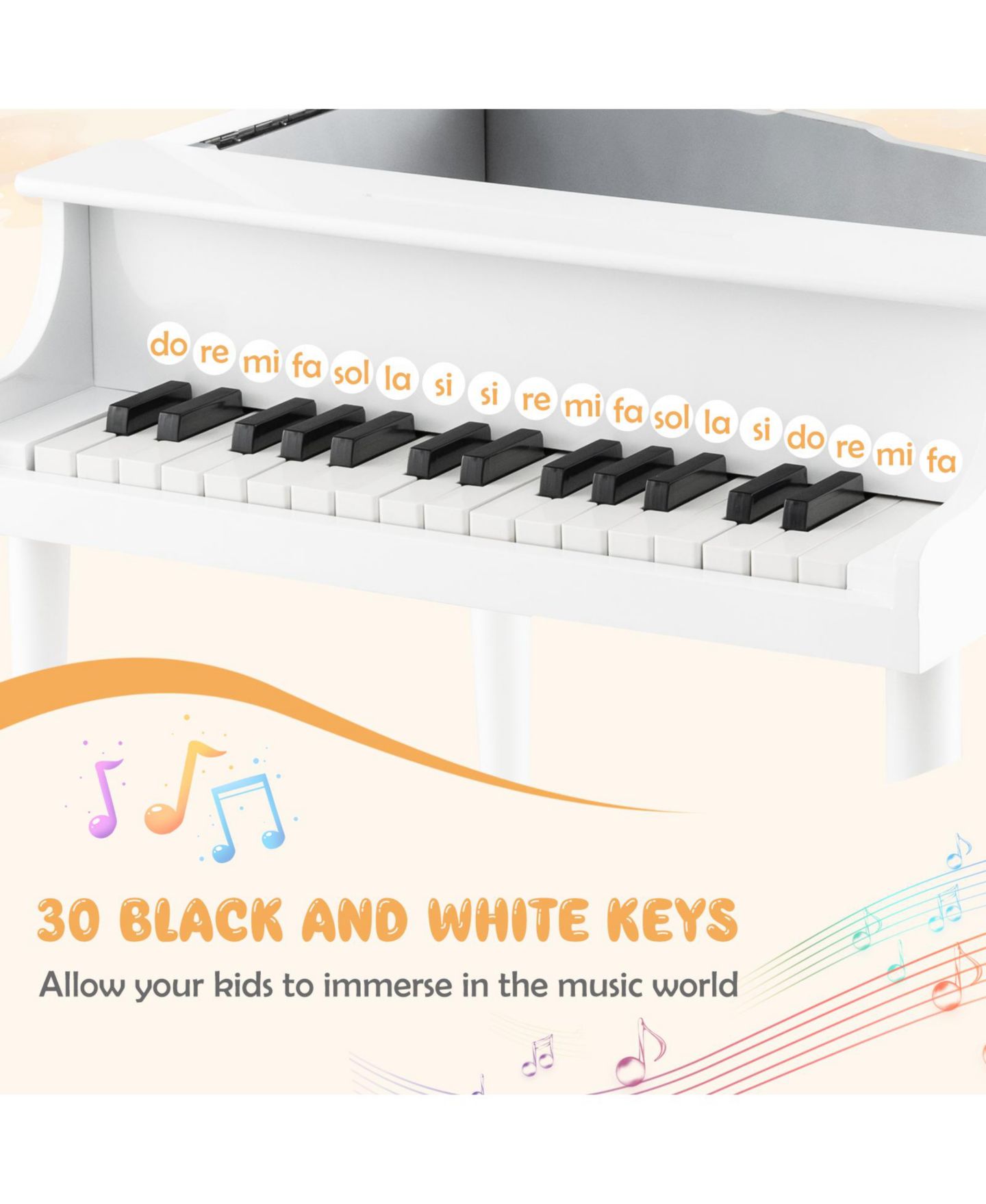 Детские игрушки HONGGE 30-Key Wood Toy Grand Piano Music Learning, 3-Piece Set, Ages 3-9 — фото 5