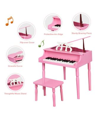 30-Key Wood Toy Kids Grand Piano with Bench & Music Rack-Pink