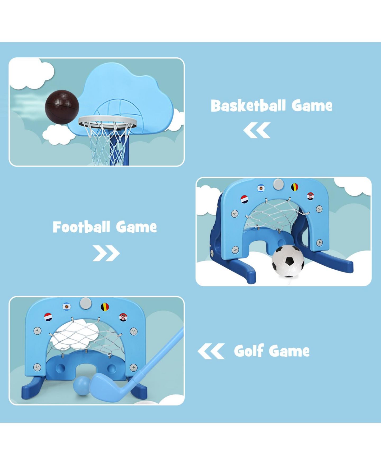 Детские игрушки HONGGE 3-in-1 Height-Adjustable Kids Basketball Hoop Set, Ages 1.5-8 — фото 7