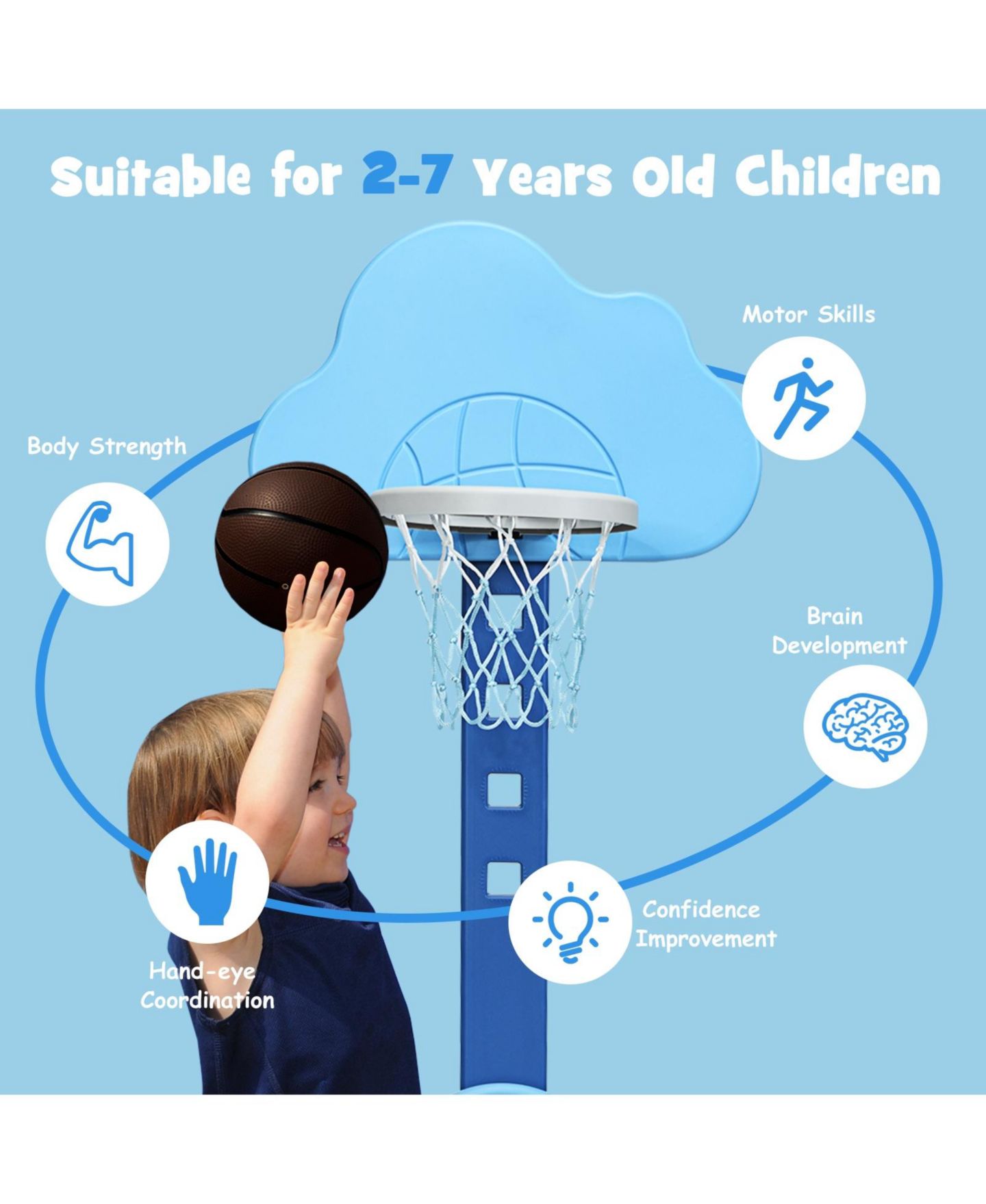 Детские игрушки HONGGE 3-in-1 Height-Adjustable Kids Basketball Hoop Set, Ages 1.5-8 — фото 11