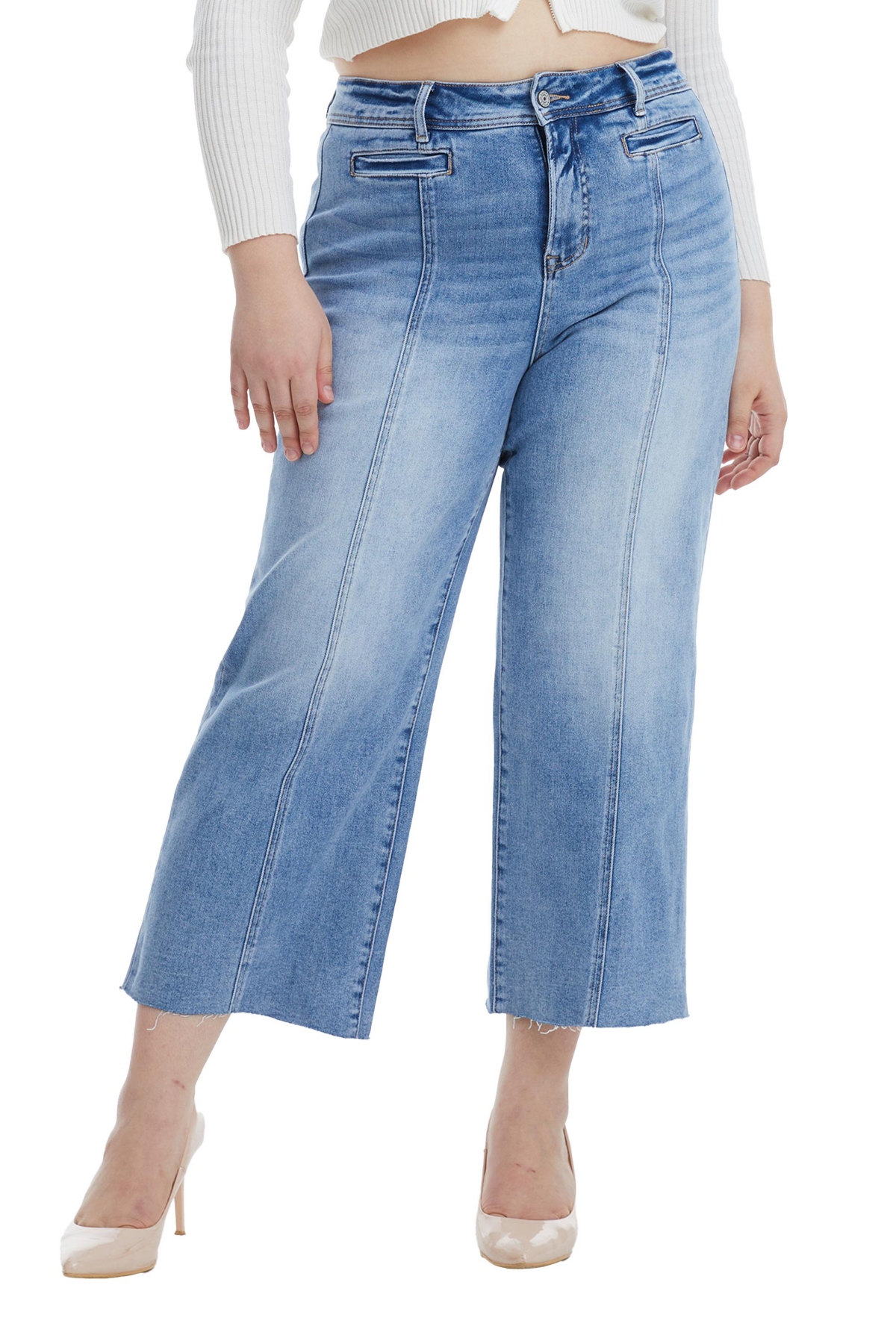 Bayeas Plus Size High Rise Wide Leg Jeans With Raw Hem In Ice Blue In Ice Blue