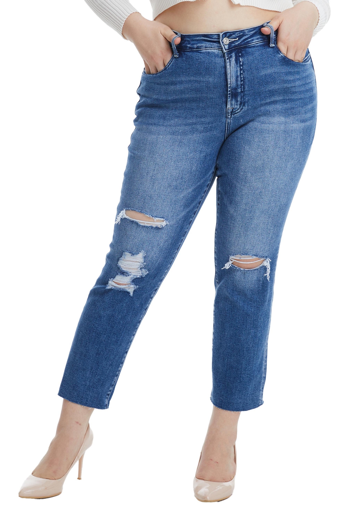 BAYEAS PLUS SIZE HIGH RISE SLIM STRAIGHT JEANS WITH RAW HEM 