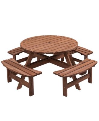 8-Person Outdoor Circular Picnic Table with 4 Built-in Benches for Patio Dining-Brown