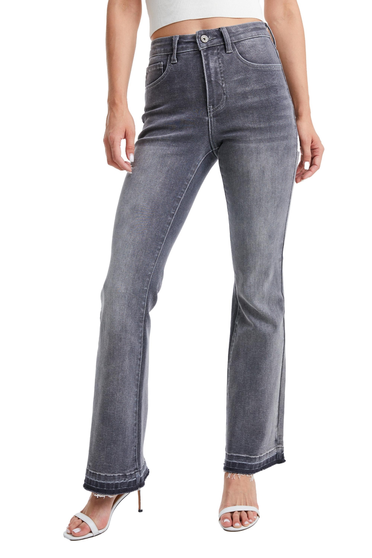 BAYEAS WOMEN'S HIGH RISE FLARE LEG JEANS WITH RAW HEM 