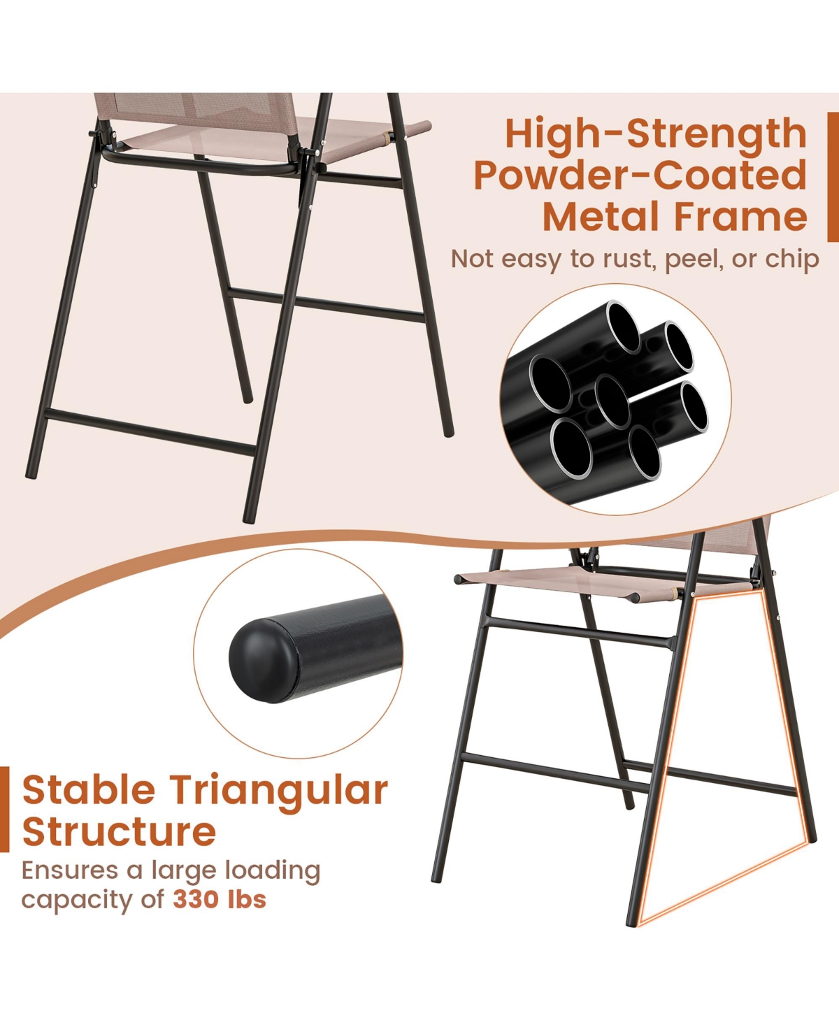 Gymax Outdoor Folding Bar Chair Set of 2 Patio Dining Chairs w/ Breathable Fabric - beige+black
