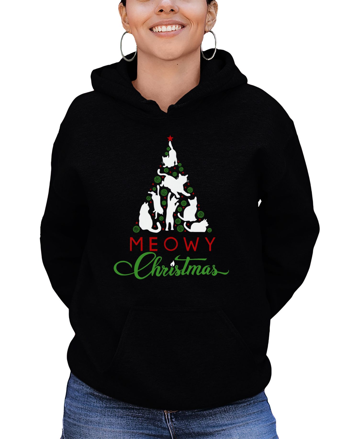Women's Meowy Christmas Tree Word Art Hooded Sweatshirt