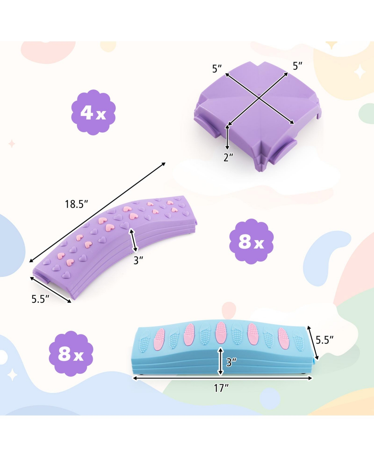 Hongge Colorful Kids Wavy Balance Beam with Textured Surface and Non-slip Foot Pads-Pink & Purple