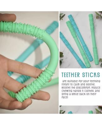 Baby Hollow Teething Tubes - Soft Silicone Teether Sticks for Infant | BPA Free Teething Straws with Cleaning Brushes (Blue)