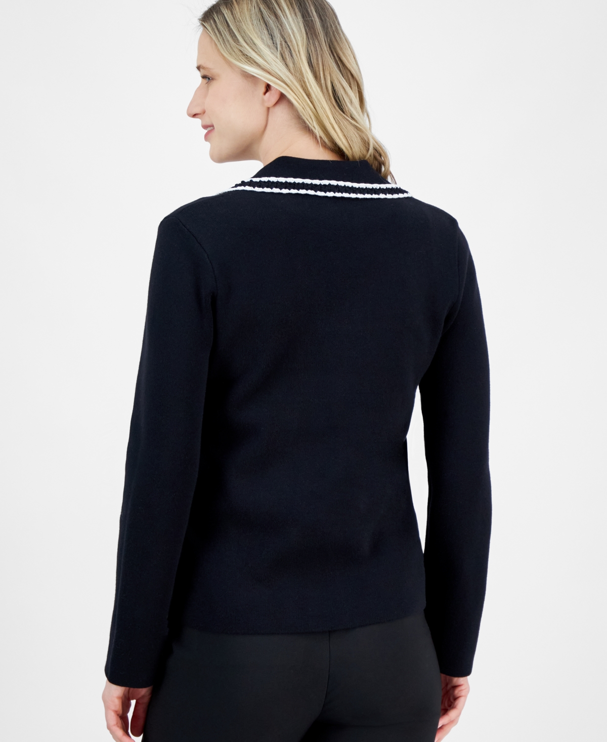 Shop Anne Klein Women's Braided-trim Notched-collar Cardigan Sweater In Anne Black