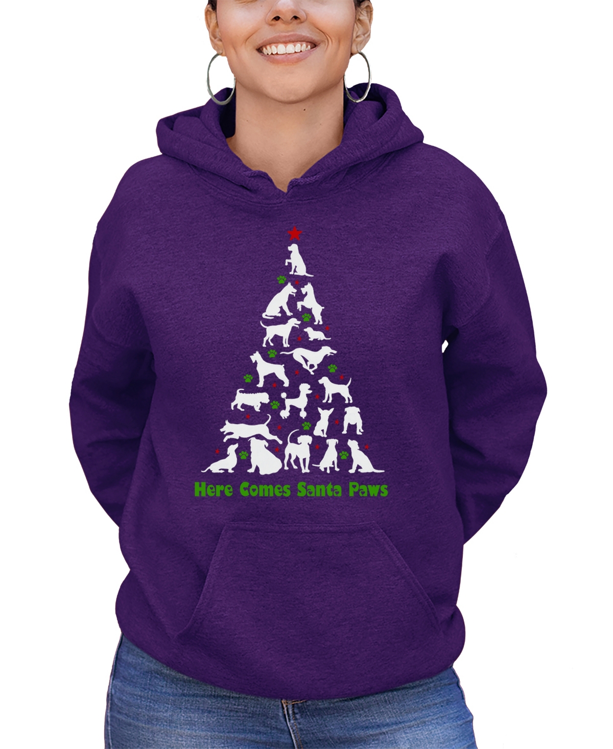 LA POP ART WOMEN'S HERE COMES SANTA PAWS WORD ART HOODED SWEATSHIRT 