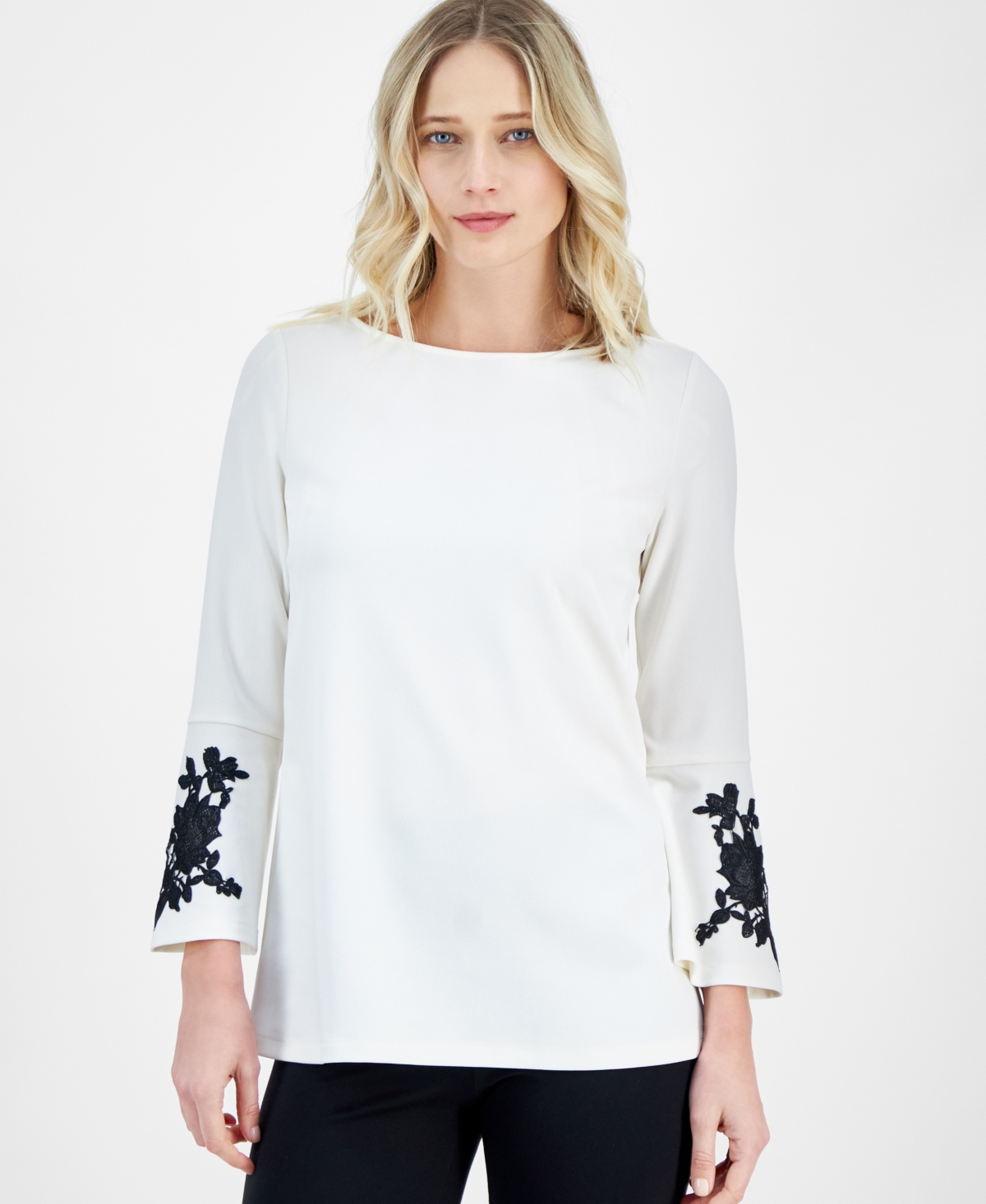 Anne Klein Petite Floral Bell-sleeve Boat-neck Tunic In White Dove
