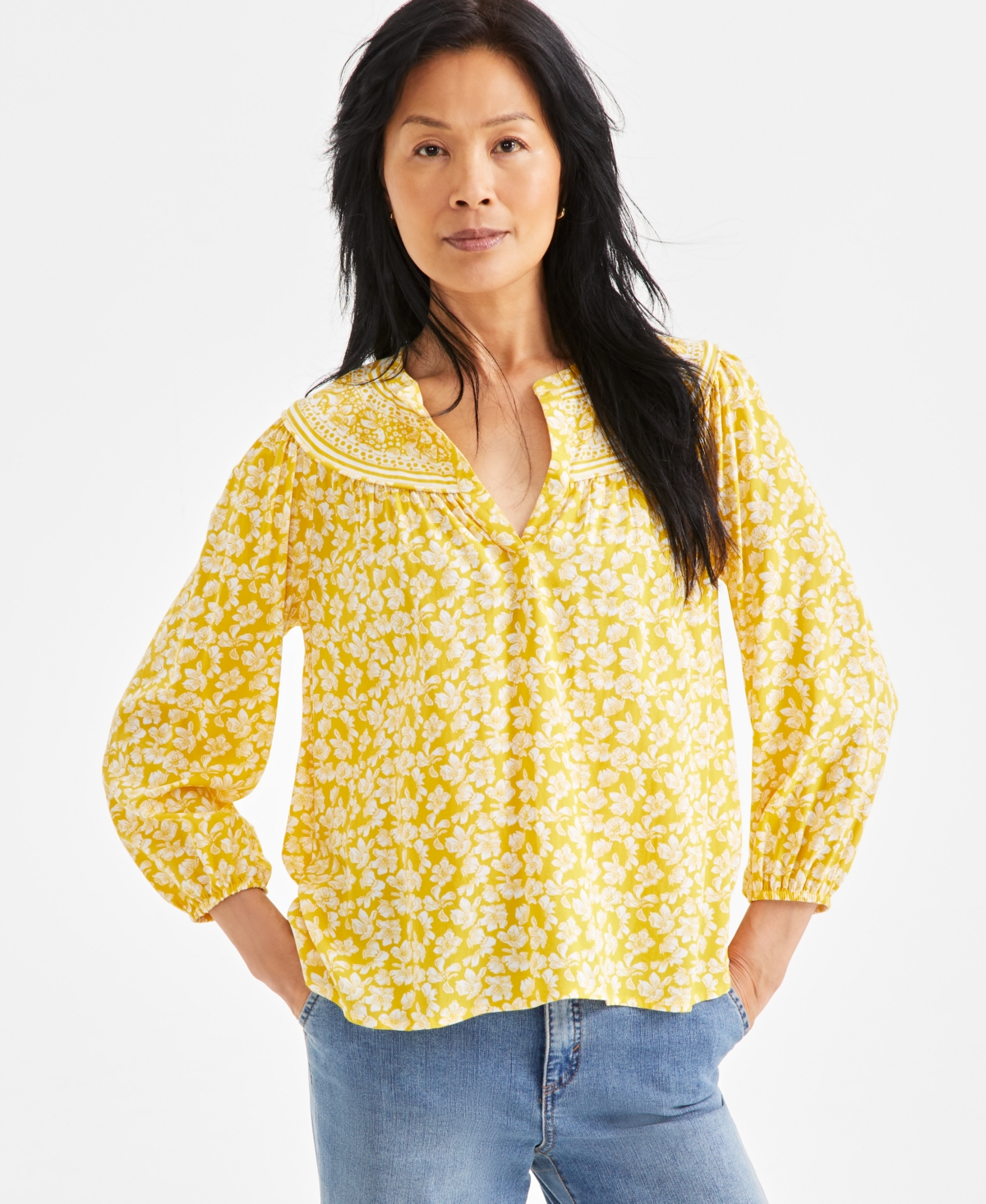 Women's Printed Split-Neck Shirt, Exclusively at Macy's - Fleur Golden