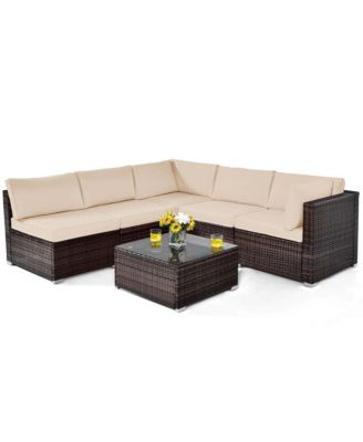 6PCS Patio Rattan Furniture Set Cushioned Sofa Coffee Table Garden