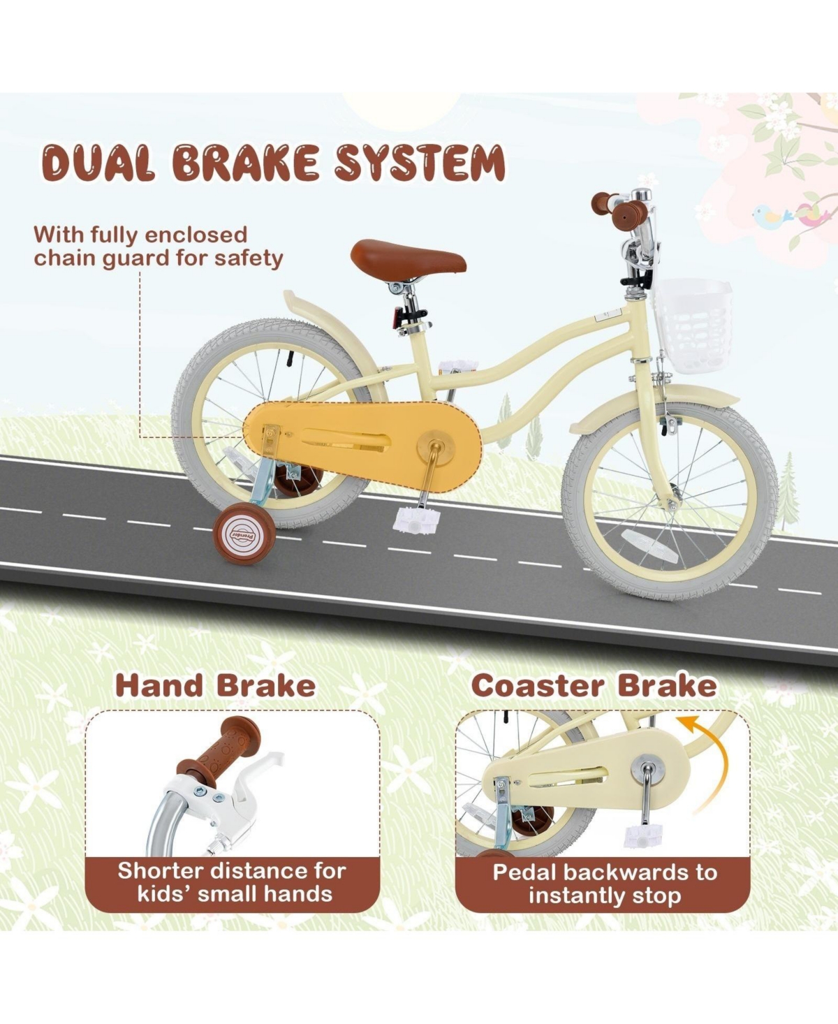 Hongge 14/16/18 Inch Kids Bike Adjustable with Training Wheels Ages 3-8 Years Olds-16 inches -khaki