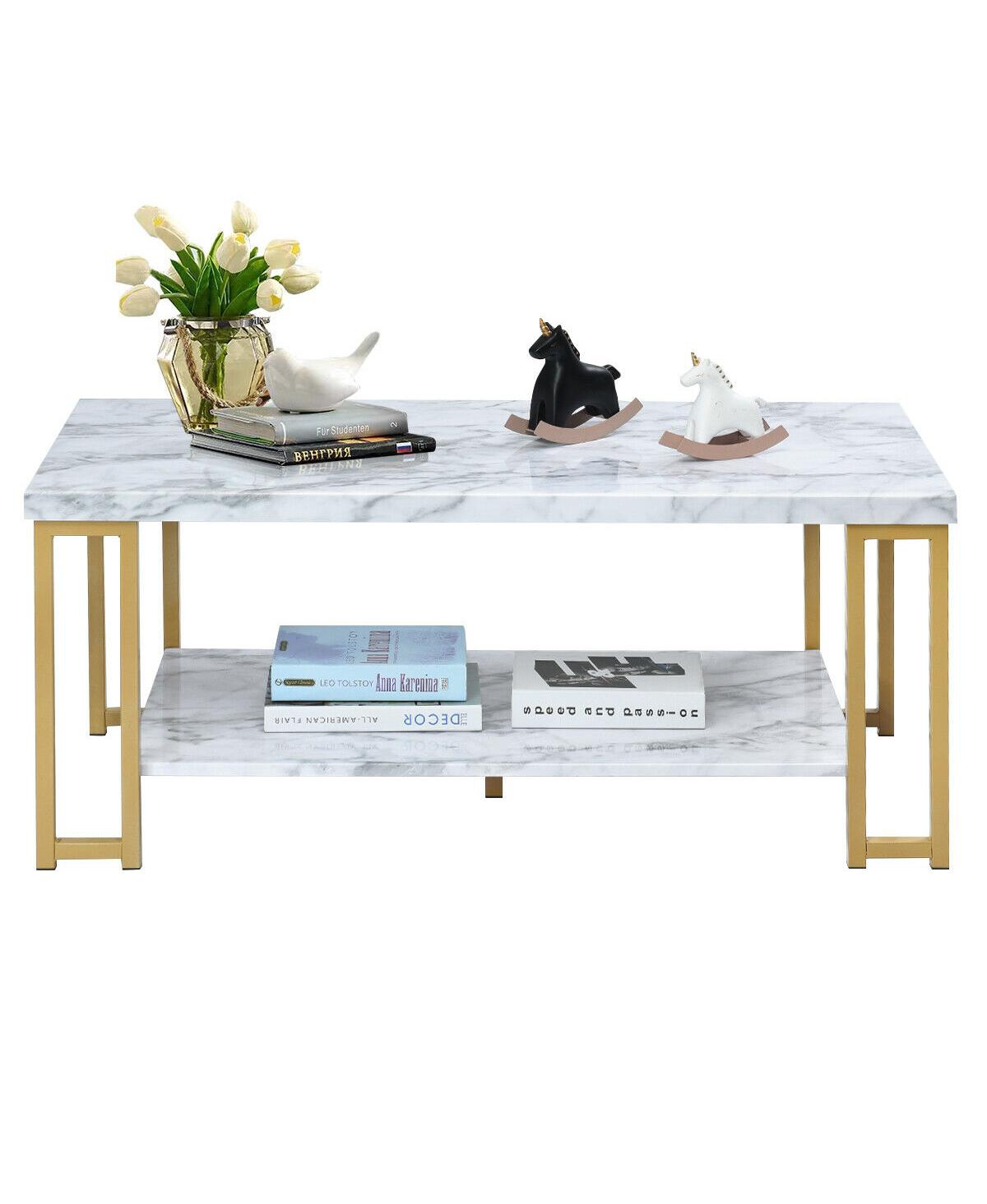Gymax Modern Coffee Table Faux Marble Top Accent Cocktail Table w/ Gold Metal Frame - White+gold