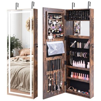 Door Wall Mount Touch Screen LED Light Mirrored Jewelry Cabinet Storage
