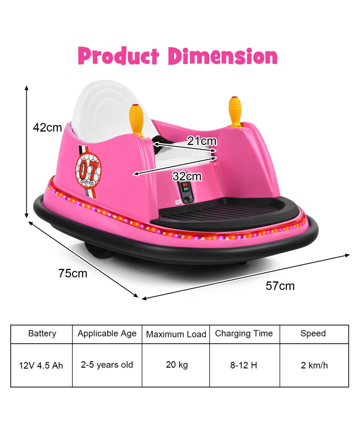 Hongge 12V Electric Kids Ride On Bumper Car with Flashing Lights for Toddlers- Pink
