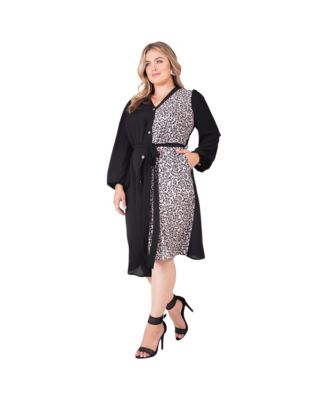 Plus Size Asymmetrical Hem Button-Up Wrap Lantern Sleeve Dress