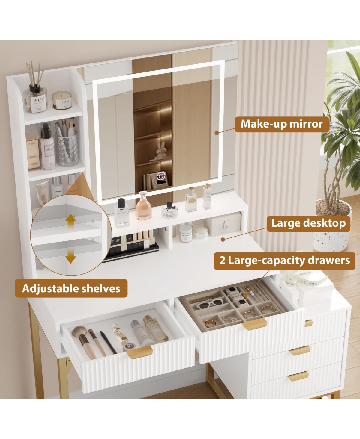 gaomon Makeup Vanity Desk with Mirror and Lights, Vanity Table with 5 Drawers, Vanity Set with Stool