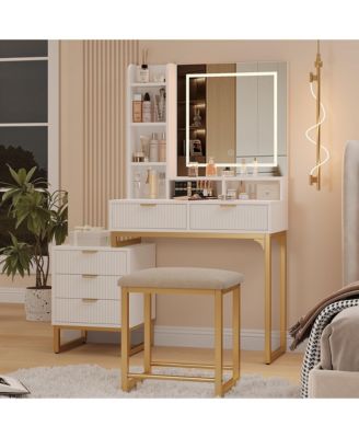 Makeup Vanity Desk with Mirror and Lights, Vanity Table with 5 Drawers, Vanity Set with Stool